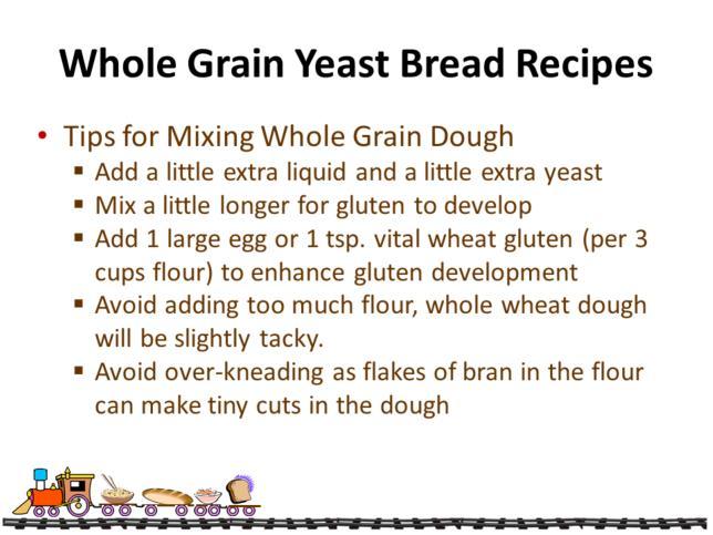 The bran and germ in whole grain flours soak up water which can make the bread dry and crumbly.