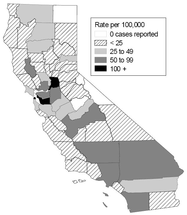 25 Map 5: All California Counties Rates of Gonorrhea Infections, per 100,000 persons, 2009 Geographic Distribution The highest rates per 100,000 population were reported in the following local health