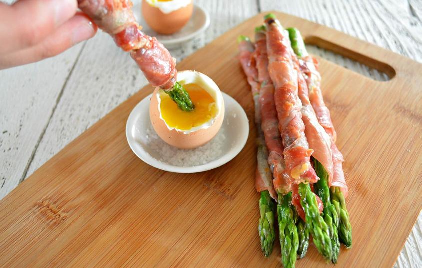 Day 3 Prosciutto Wrapped Asparagus Dipped in Soft-Boiled Eggs Increasing veggie