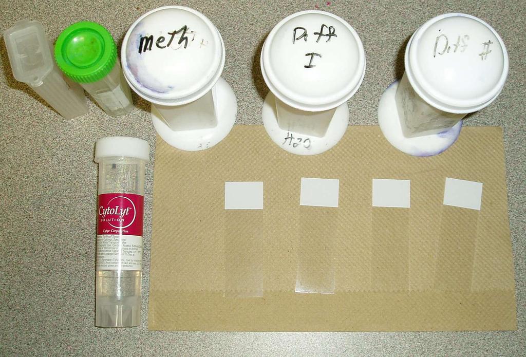 Supplies for Preparation Glass slides labeled with pencil Fixative for Pap