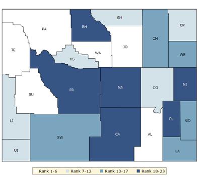 The blue map displays Wyoming s summary ranks for health factors, based on weighted scores for health behaviors, clinical care, social and economic factors, and the physical environment.