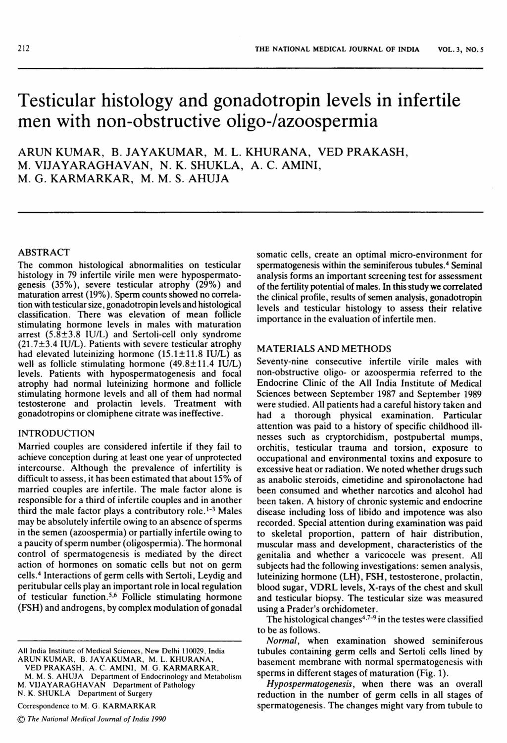 1 THE NATIONAL MEDICAL JOURNAL OF INDIA VOL., NO.5 Testicular histology and gonadotropin levels in infertile men with non-obstructive oligo-/azoospermia ARUN KUMAR, B. JAYAKUMAR, M. L.