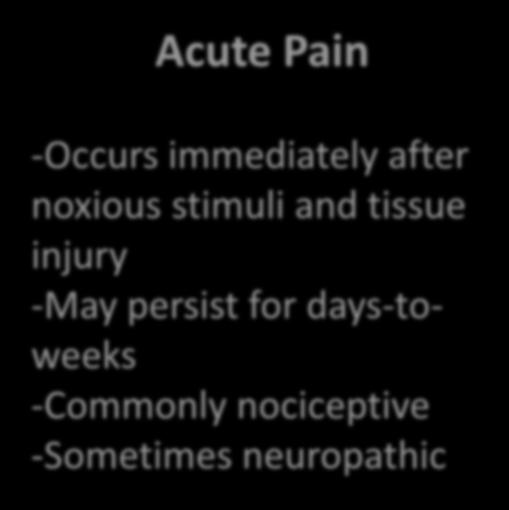 Timing of Pain Acute Pain -Occurs immediately after noxious stimuli and tissue injury -May