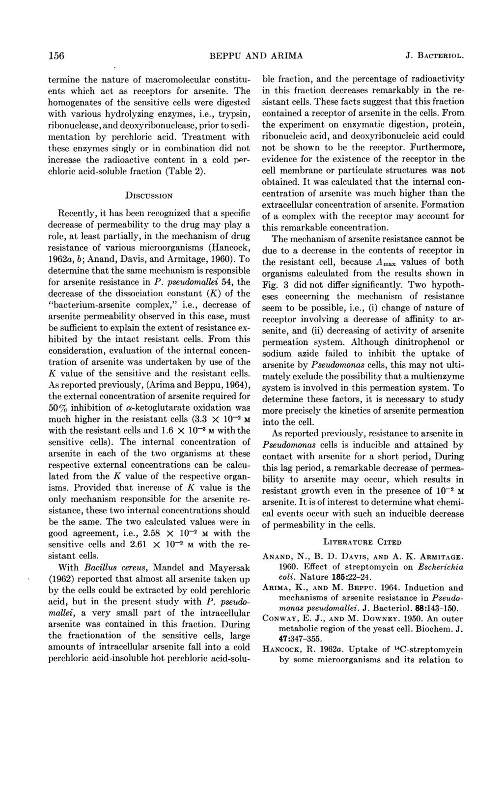 156 BEPPU AND ARIMA J. BACTERIOL. termine the nature of macromolecular constituents which act as receptors for arsenite.