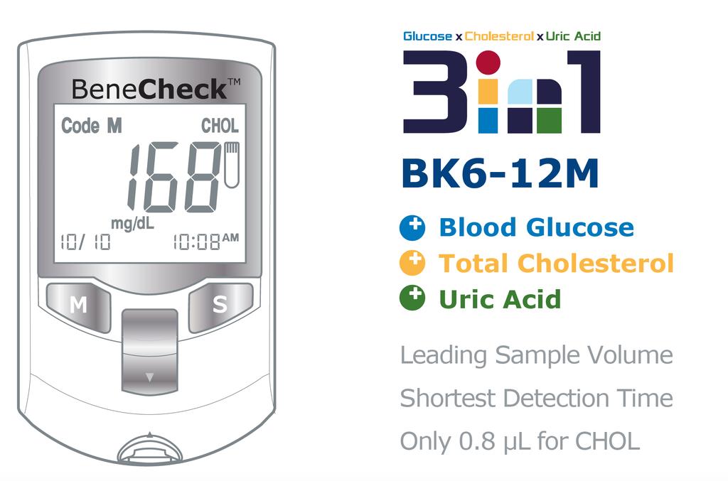 BeneCheck BK6-12M Plus Multi-Monitoring Meter and Strips The BeneCheck BK6-12M multi-monitoring system is an easy to use, handheld device which allows you to check your Total Cholesterol, as well as