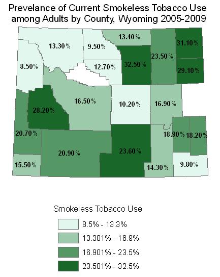 The map below shows current smokeless tobacco use among adult males by Wyoming County from 2005-2009 from the BRFSS survey.