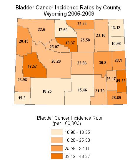 The map below shows bladder cancer incidence rates by Wyoming county from 2005-2009.