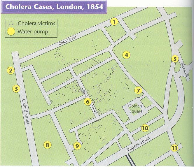 10 The map below charts a cholera outbreak in London. Each dot represents a patient that had cholera.