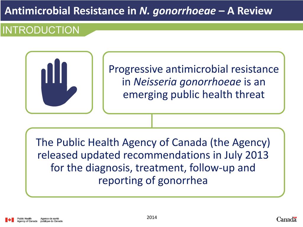 Antimicrobial resistant gonorrhea is an emerging public health threat that needs to be addressed. Neisseria gonorrhoeae is able to develop resistance to antimicrobials quickly.