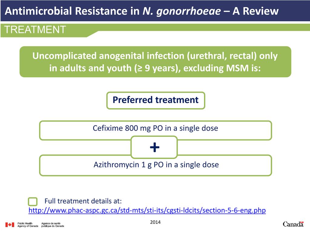 For non MSM uncomplicated anogenital infection only, cefixime 800 mg* orally PLUS azithromycin 1 g* orally in a single dose is also a preferred therapy.