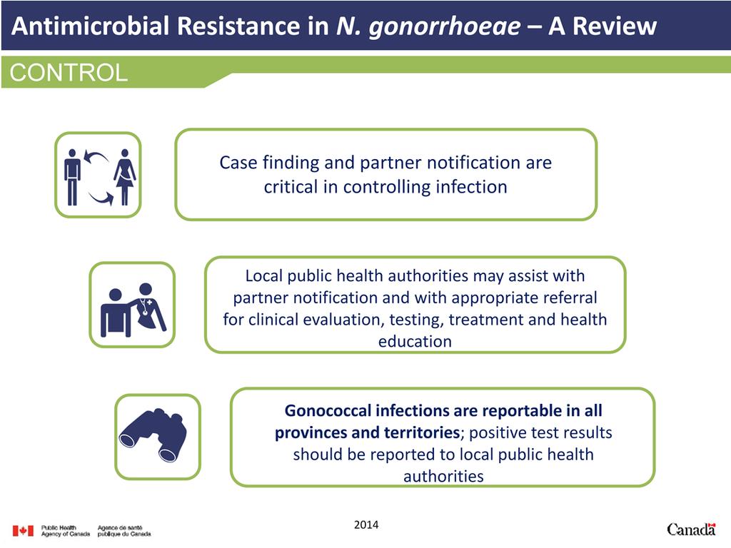 A critical step in controlling gonococcal infections is to conduct effective case finding and partner notification.