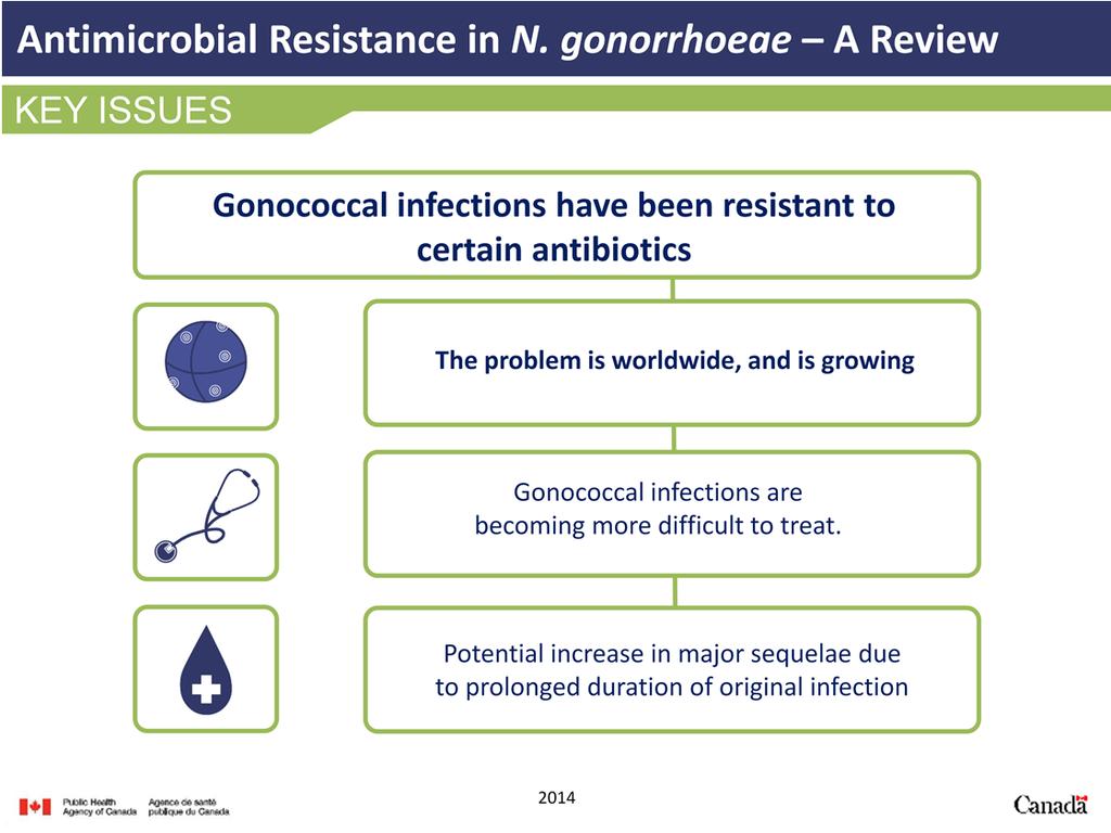 Gonococcal infections are becoming more difficult to treat and have been resistant to existing drug therapies. Antimicrobial resistant gonorrhea is being seen worldwide.