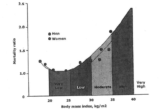 Relation between mortality and body mass index At a body mass index below 20 kg/m2 and above 25 kg/m2