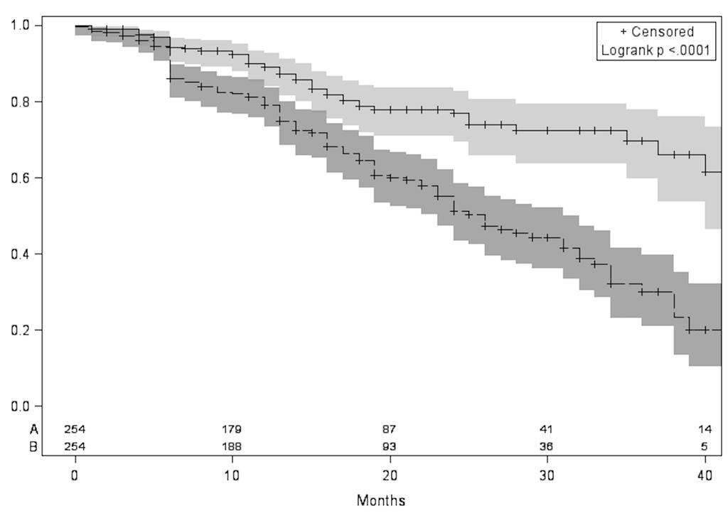 Survival probability: Primary patency Supera -DCB K-M curve with 95% Confidence