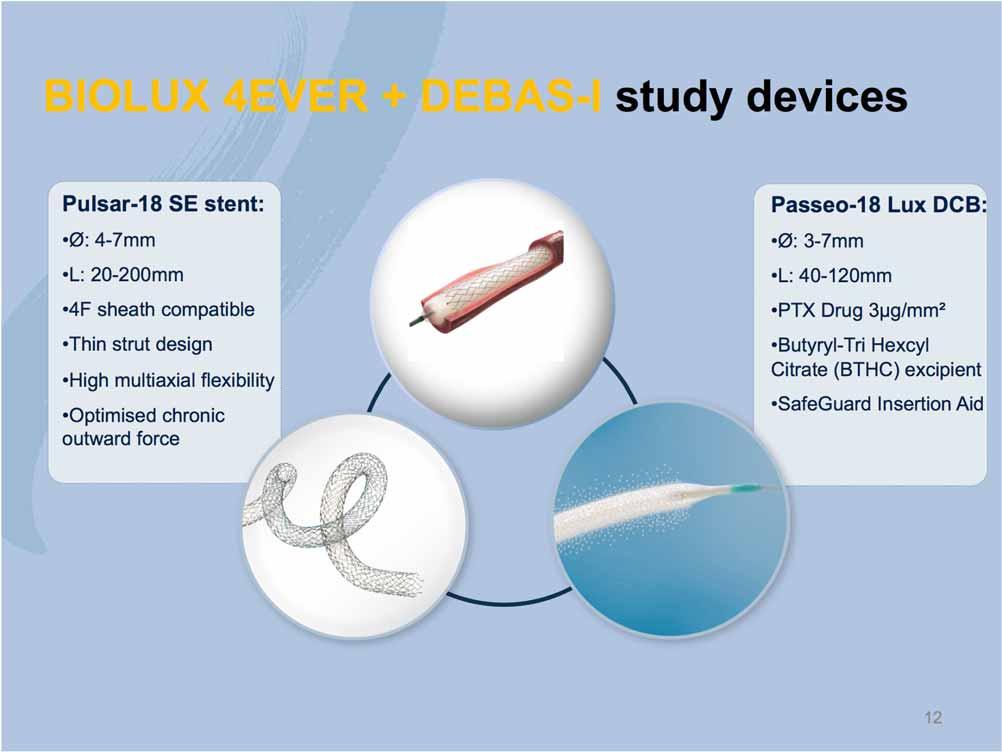 BIOLUX 4EVER + DEBAS-I study devices Pulsar-18 SE stent: Ø: 4-7mm L: 20-200mm 4F sheath compatible Thin strut design High multiaxial flexibility