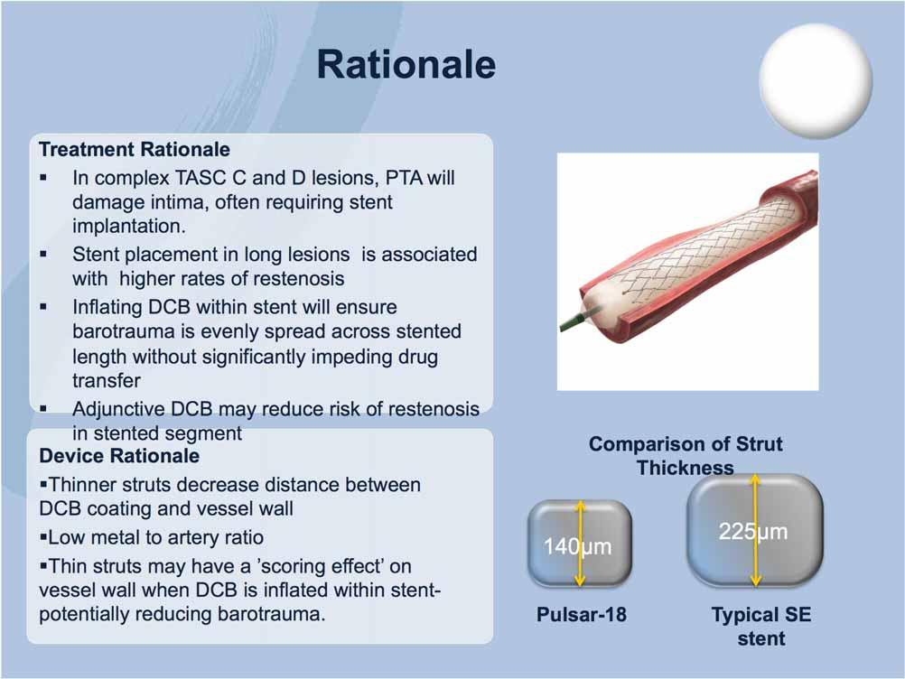 significantly impeding drug transfer Adjunctive DCB may reduce risk of restenosis in stented segment Device Rationale Thinner struts decrease distance between DCB coating and