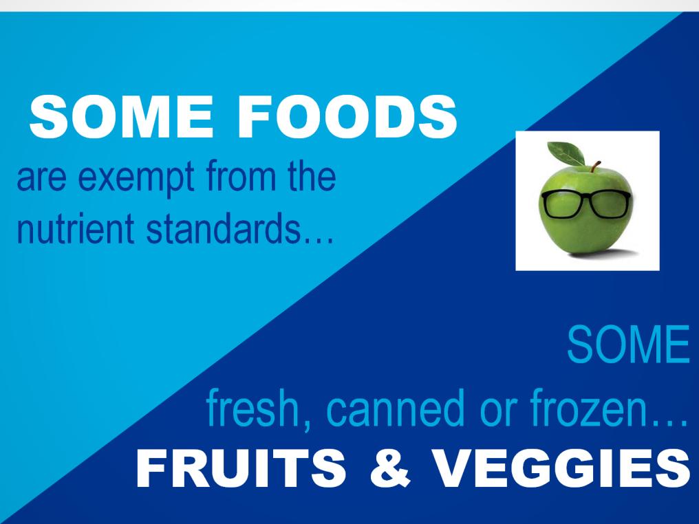 Some fresh, canned or frozen fruits and vegetables will be exempt from all nutrient standards. Exemptions include: 1. Fresh fruit with no added ingredients 2.