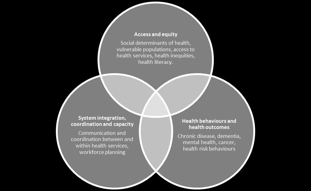 The health needs and issues identified across our region can be broadly grouped into three categories presented in the diagram on the right.