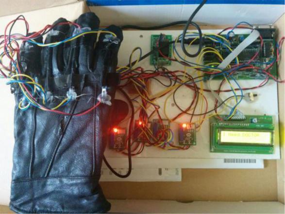 Fig 9: LCD display displaying output based on finger bent The entire system of Handtalk gloves equipped with IR sensor.