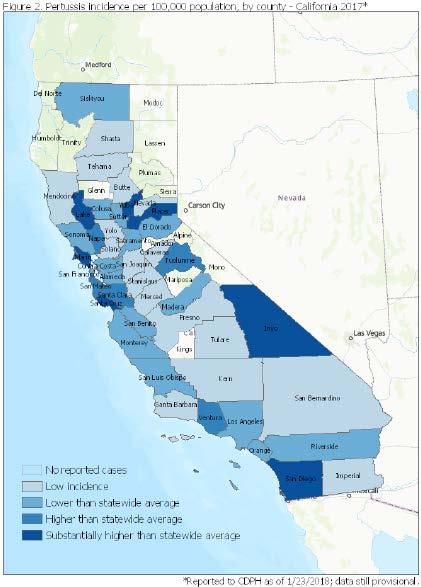 California Pertussis Epidemiology: Overall All ages 2014 cases 2014 2016 RRRRRRRR Cases 2016 2017 RRRRRRRR Cases 2017 RRRRRRRR CA 11,208 28.9 1938 4.9 2925 7.4 Stanis.
