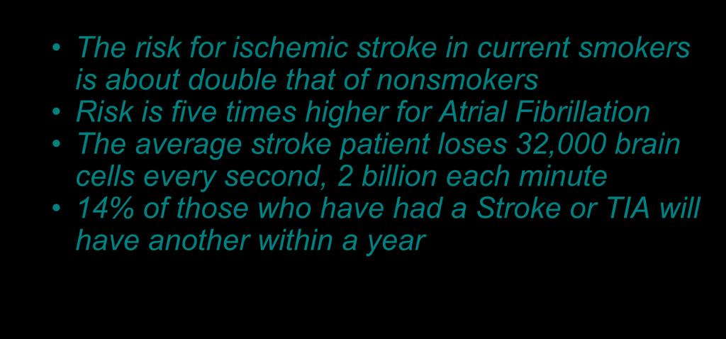 What you need to know about stroke: (Continued) The risk for ischemic stroke in current smokers is about double that of nonsmokers Risk is five times higher for Atrial Fibrillation The average stroke