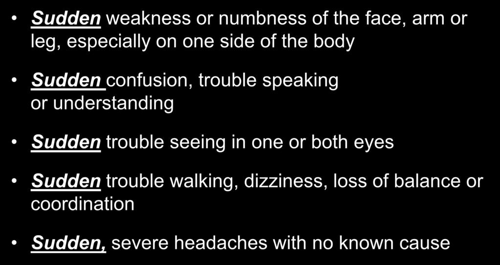 Stroke Warning Signs Sudden weakness or numbness of the face, arm or leg, especially on one side of the body Sudden confusion, trouble speaking or