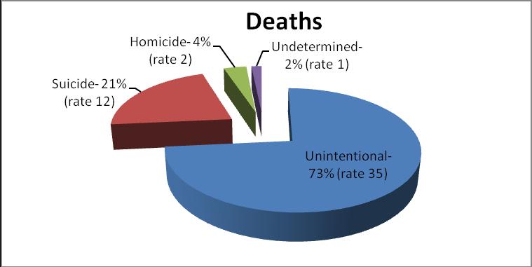 Mst injuries in Iwa are unintentinal, 2002-2006 73% f injury deaths in Iwa (2002-2006) were classified as unintentinal, with 21% as suicide and 4% as hmicide. Iwa s unintentinal injury (Iwa: 35 vs.