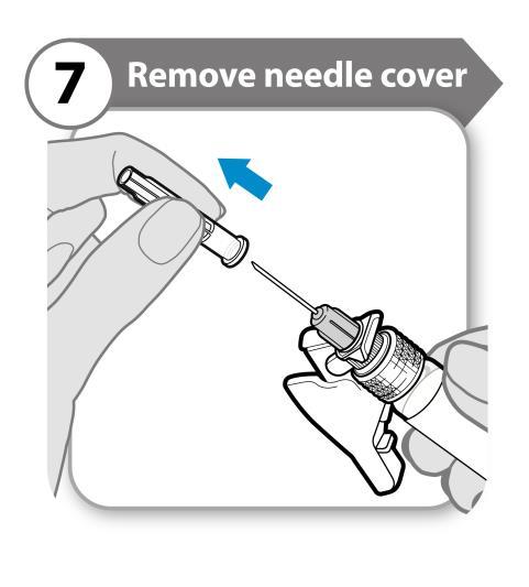 7. Remove needle cover Fold the needle guard out of the way of the needle cover.