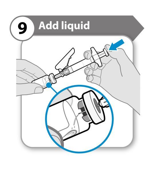 9. Add liquid Tilt both the vial and syringe at an angle, as shown.