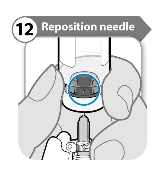 Reposition needle Turn the vial so that you can see the stopper gap, as shown. Pull the needle down so that the needle tip is at the lowest point in the liquid.