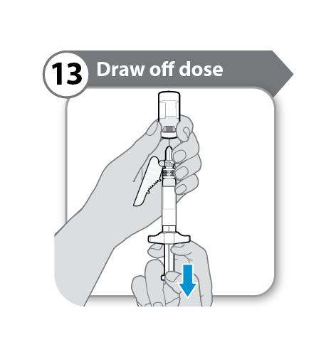 13. Draw off dose Slowly pull back the plunger rod to withdraw as much medicine as possible from the