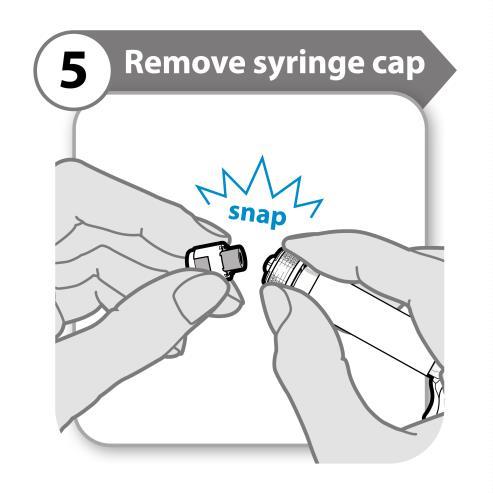 Remove the cap from the vial. Throw the cap away; it is not needed again. Caution: Do not let anything touch the vial stopper. 5. Remove syringe cap Snap off the syringe cap.
