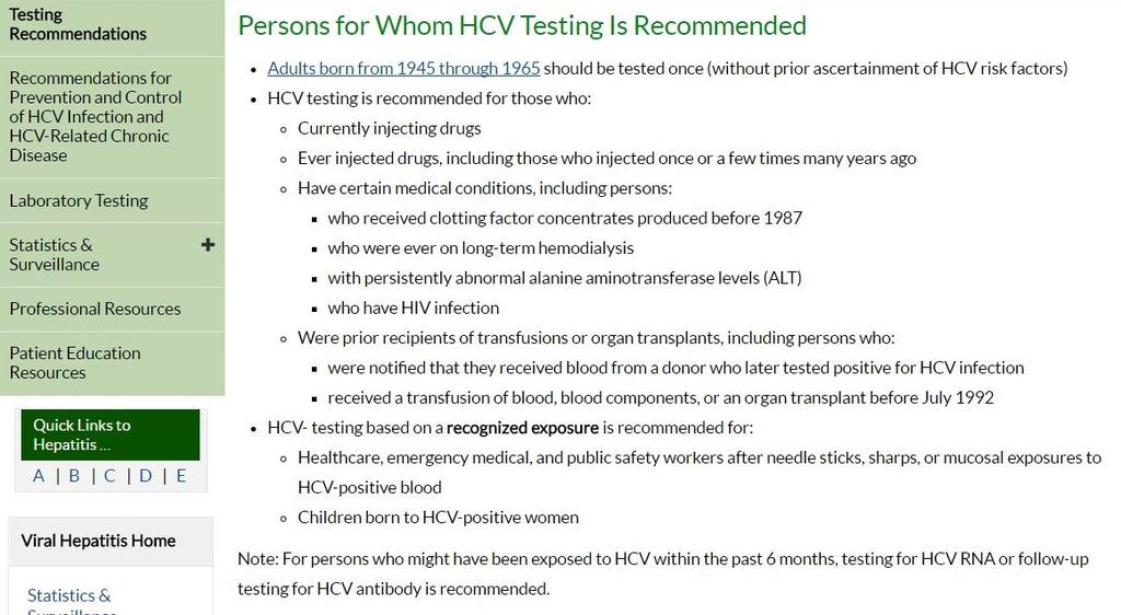 CDC Testing Recommendations for Hepatitis C Virus