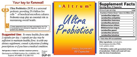 cause digestive stress* Ultra Probiotics (DUP) ordering information Stock# Unit of Meas. Pkg./Size Wt. Lbs. EA Dealer/Pref. Sugg. Cust. price retail DUP01 EA (1) 60-count 0.2 24.