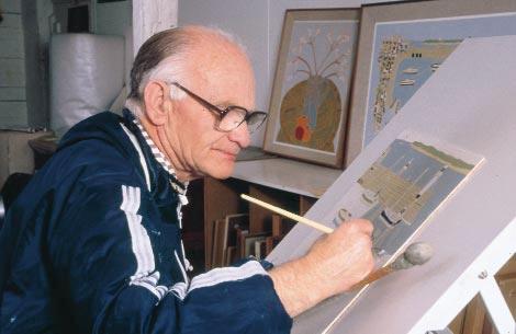 Bryan Pearce working in his studio. Bryan Pearce is a famous primitive artist. He was born in 1929 and is affected by phenylketonuria, never having been on a diet.