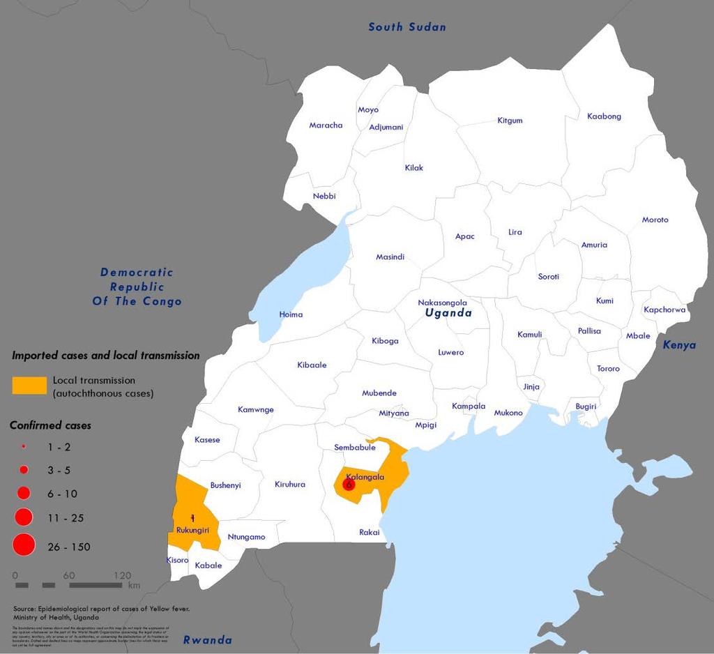 24 YF Uganda As of 20 July: 5 suspect YF deaths reported in Bukomansimbi district (Central Uganda) during the one past week Symptoms: bleeding, yellowish discharge from the mouth, headache and