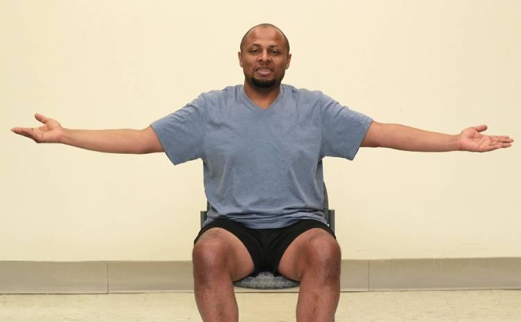 Winding Down Chest Stretch Releases tension in the chest muscles Improves posture and breathing Stand or sit tall and lift arms to side at shoulder height with palms facing forward; breathe in