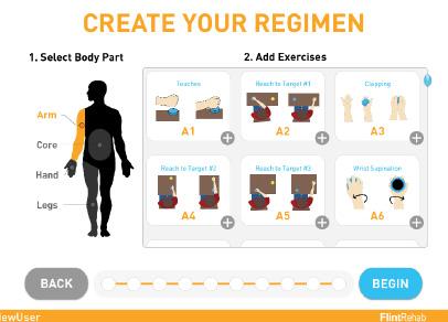 Step 1: Create Your Regimen Therapist select exercises for patients for hands, arms, core or legs. Step 2: Start Exercising Using the blue and yellow pucks, complete the exercise shown on the screen.