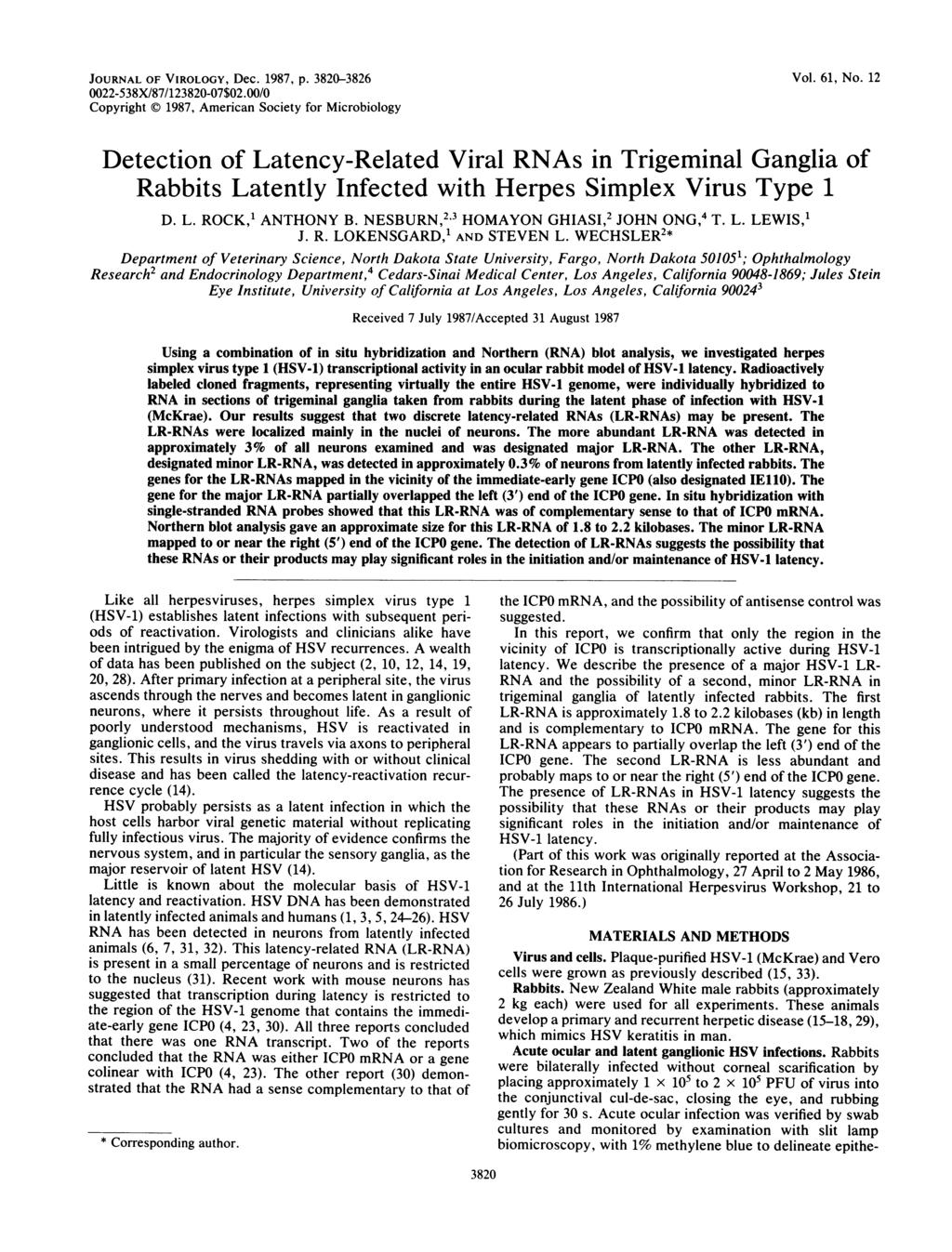 JOURNAL OF VIROLOGY, Dec. 1987, p. 3820-3826 0022-538X/87/123820-07$02.00/0 Copyright X3 1987, American Society for Microbiology Vol. 61, No.