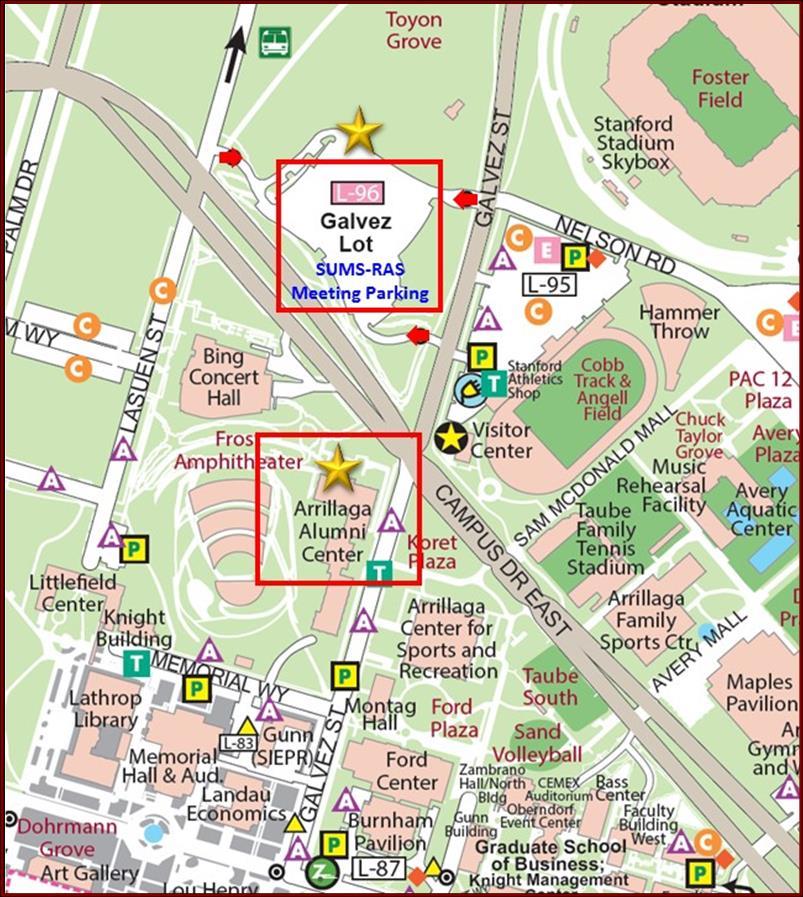 Walk across CAMPUS DR and the ALUMNI CENTER is on the RIGHT side of GALVEZ ST. From Highway 280 North & South: Take the SAND HILL ROAD exit east toward MENLO PARK. Turn RIGHT on ARBORETUM RD.