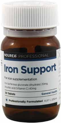 General Health Nourex Professional Iron Support Nourex Professional Iron Support provides the recommended daily intake of Iron for women between 19-50 (18mg/day). Vitamin C increases iron absorption.