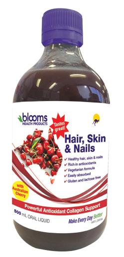 HAIR, SKIN AND NAILS Hair, Skin & Nails 500ml liquid formula Great tasting Blooms Hair, Skin & Nails is scientifically formulated with natural Australian cherry, colloidal silica and vitamin C to