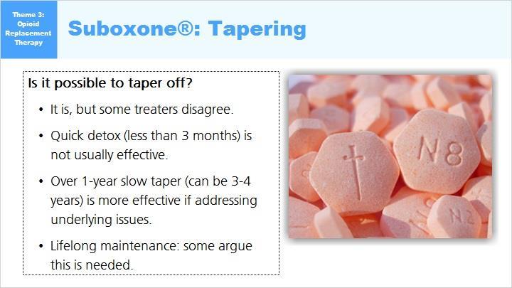 DR. FELGUS: Now the question of is it possible to taper off Suboxone? Some people see opiate replacement as something that somebody needs to be on for the rest of their life.