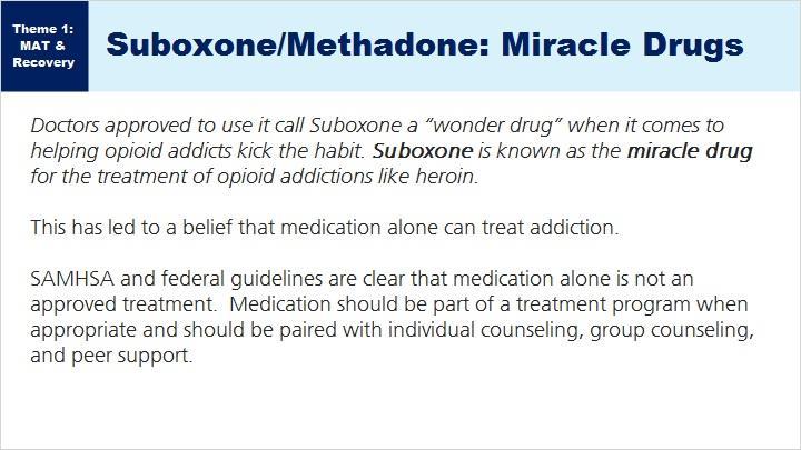 MS. TIKKANEN: You may have heard the bias for medication-assisted treatment, too. There's a lot of stuff coming out that said that Suboxone or methadone is the miracle drug.