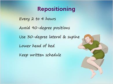 1.15 Repositioning 3 JILL: To answer your specific question Mark, the recommendation for regular and frequent turning and repositioning for bed- and chair-bound patients is every two to four hours.