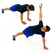 hold Rotary Plank Hold a plank position in full elbow extension position with your legs spread apart as