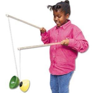 DIABLO: improves hand eye coordination. Students will try to get the diablo spinning then perform tossing and catching tricks.