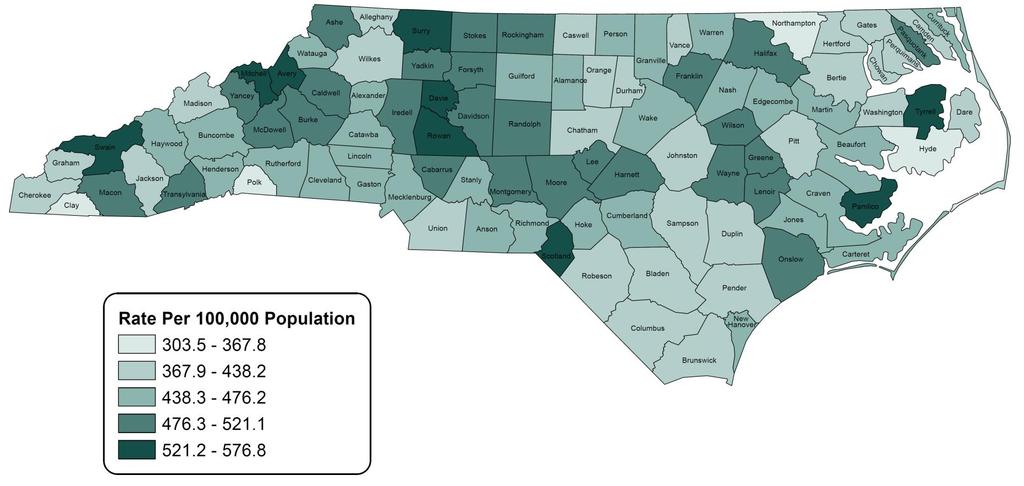 Map 1: 2014 North Carolina Cancer Rates by County Note: Rates are based on cases reported to