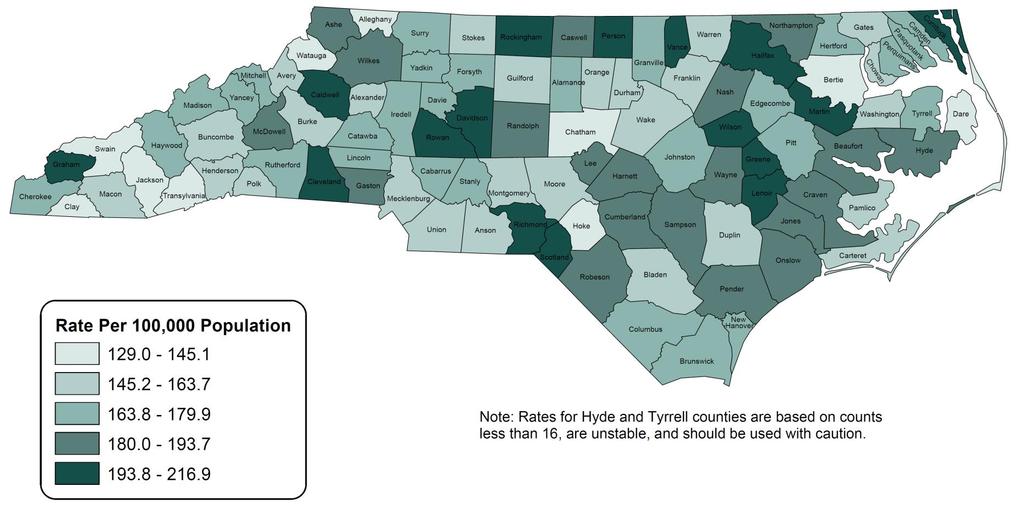 Map 2: 2014 North Carolina Cancer Rates by County Note: Rates are based on cases reported to