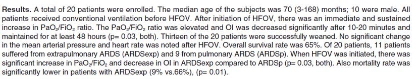 Turkey In 20 children with severe ARDS, Conventional MV was switched to